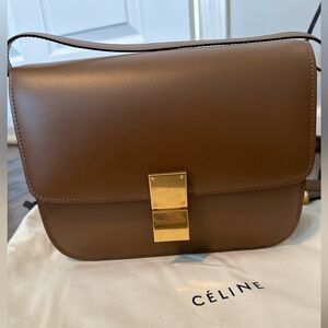 Authentic Celine Box Camel Leather Shoulder Bag